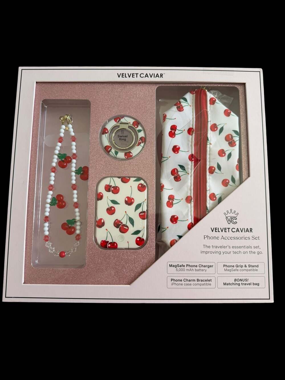 Velvet Caviar Cherry Phone Accessories Set - MagSafe Charger, Grip, Charm & Bag